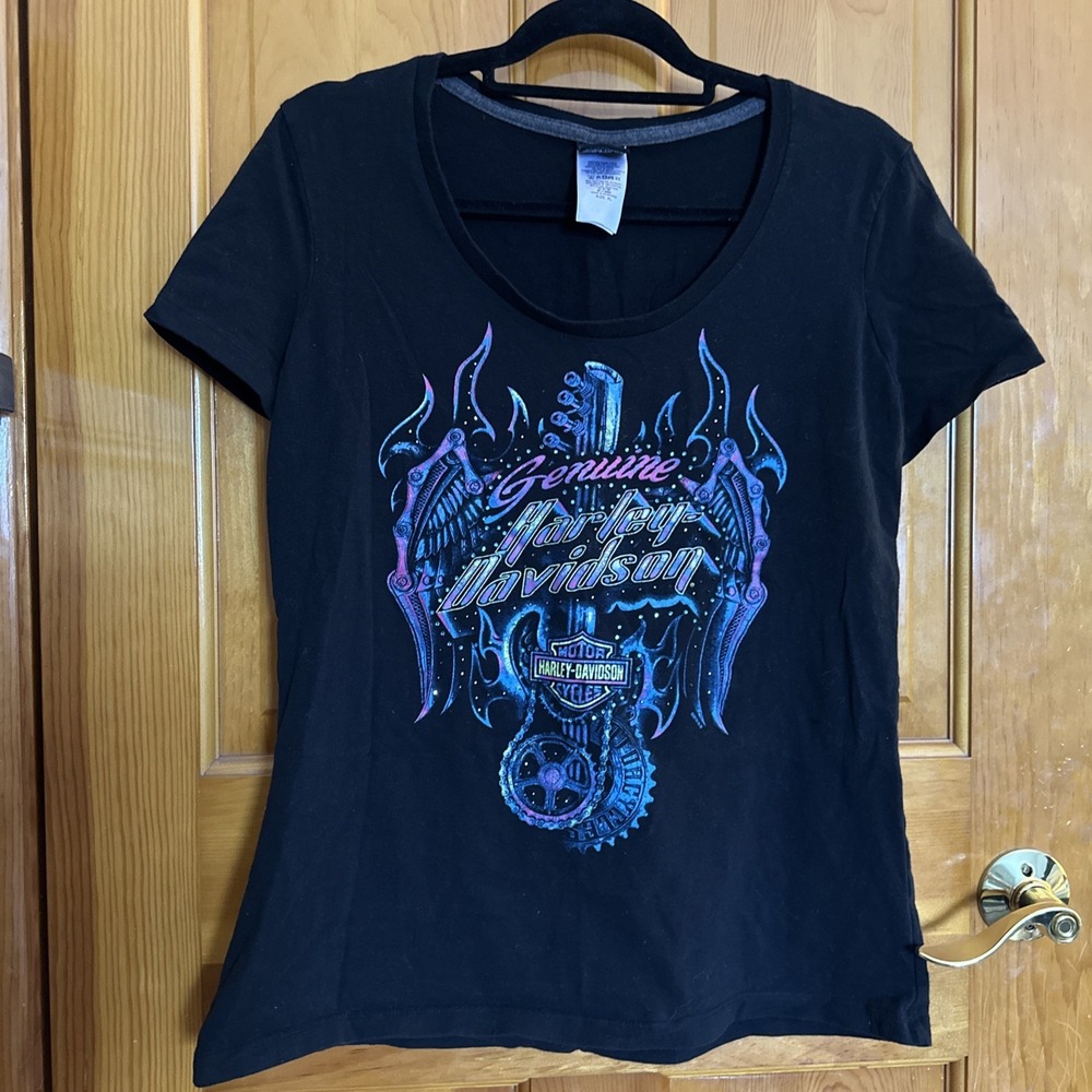 Harley Davidson Guitar Neon Rhinestone Bedazzled Womans XL‎ Lake George NY EUC